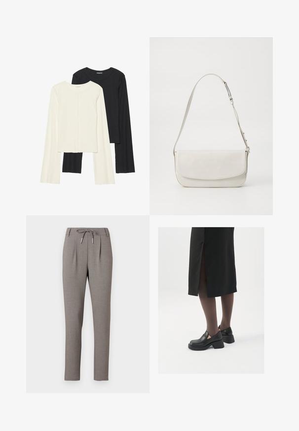 Ensemble de deux hauts à manches longues en blanc et noir. Texture côtelée, col rond, design ajusté avec des manches légèrement évasées.; Pantalons ajustés gris avec une taille à cordon de serrage. Présentent des plis avant et un design slim fit. Le tissu a une texture lisse.; Chaussures noires en cuir avec un bout arrondi, un épais talon bloc et des accents latéraux élastiques, associées à des bas foncés et une jupe noire avec une fente.; Sac à épaule en cuir blanc avec une finition lisse, de forme rectangulaire, fermeture à rabat et une bandoulière réglable. Détails de couture simples.