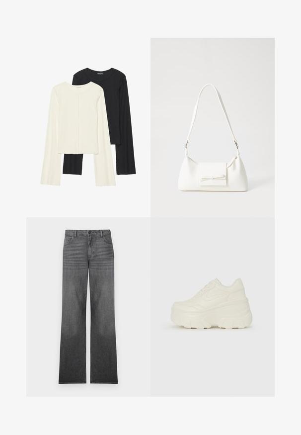 Set of two long-sleeve tops in white and black. Ribbed texture, round neck, fitted design with slightly flared sleeves.; Grey denim wide-leg jeans with a medium wash, featuring a five-pocket design, front button closure, and subtle seam detailing.; White platform sneakers featuring a smooth leather-like upper, rounded shape, padded collar, and textured rubber sole with defined treads.; White synthetic handbag with a triangular shape, flat front flap and bow detail, adjustable strap, smooth texture, and minimalistic design.