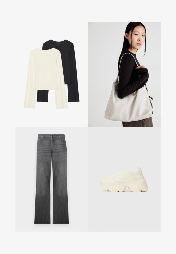 Conjunto de duas blusas de manga longa em branco e preto. Textura canelada, decote redondo, design ajustado com mangas ligeiramente evasê.; Jeans de ganga cinza de perna larga com um banho médio, apresentando um design de cinco bolsos, fecho frontal por botão e detalhes de costura subtis.; Sapatilhas brancas chunky feitas de malha texturizada e materiais sintéticos, apresentando uma sola espessa e detalhes de padrão intrincados ao longo dos lados.; Uma bolsa bege feita de material macio, com um design descontraído, detalhes de costura e duas alças para o ombro. Adequada para uso diário.