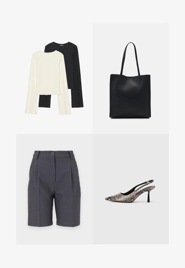 Set van twee longsleeve tops in wit en zwart. Geribbelde textuur, ronde hals, aansluitend ontwerp met licht uitlopende mouwen.; Grijze op maat gemaakte shorts met plooien, knoopsluiting en zijzakken. Gemaakt van een gladde, lichte stof met een gestructureerde pasvorm.; Puntige slingback schoenen van textuur leer met slangenprint, met een slanke zwarte hak en een uitgesneden ontwerp aan de zijkanten.; Zwarte leren handtas met een gladde textuur, rechthoekige vorm en twee lange handvaten. Geen zichtbare hardware of versieringen.