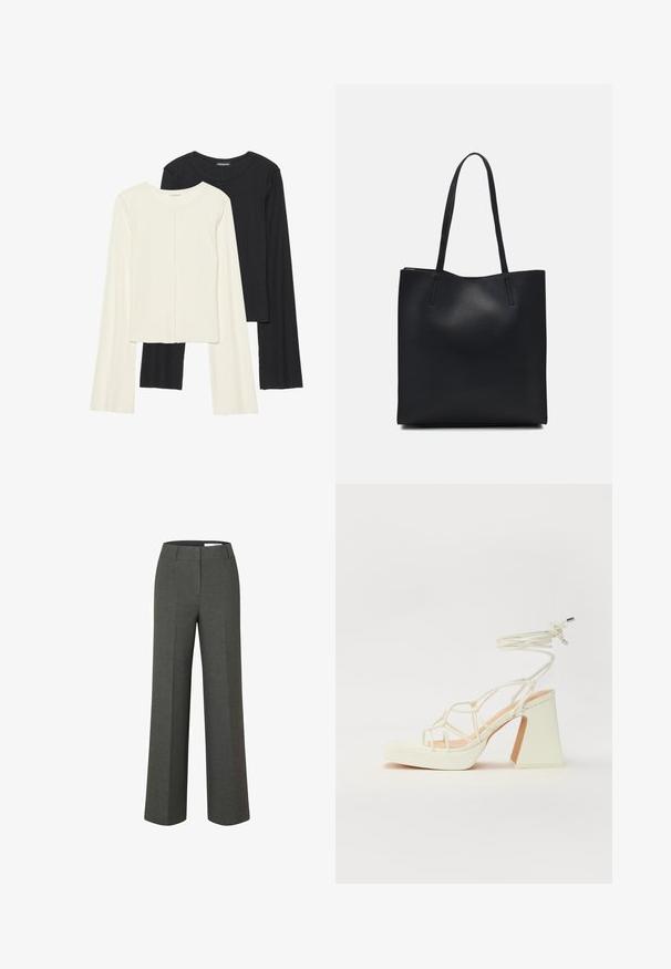 Súprava dvoch dlhých rukávov v bielej a čiernej farbe. Žebrovaná textúra, okrúhly výstrih, priliehavý strih s mierne rozšírenými rukávmi.; Široké nohavice z látky stredne šedej farby, s plochým predným dielom, rovný strih a čistými líniami. Žiadne viditeľné vrecká ani hardvérové detaily.; Biele sandále na vysokom opätku s hrubým podpätkom, s pruhovaným dizajnom a viazaním na členku. Hladký povrch s platformou vpredu pre zvýšenú výšku.; Čierna kožená taška na rameno s hladkým povrchom, obdĺžnikovým tvarom a dvoma dlhými uchami. Bez viditeľného kovania alebo ozdôb.