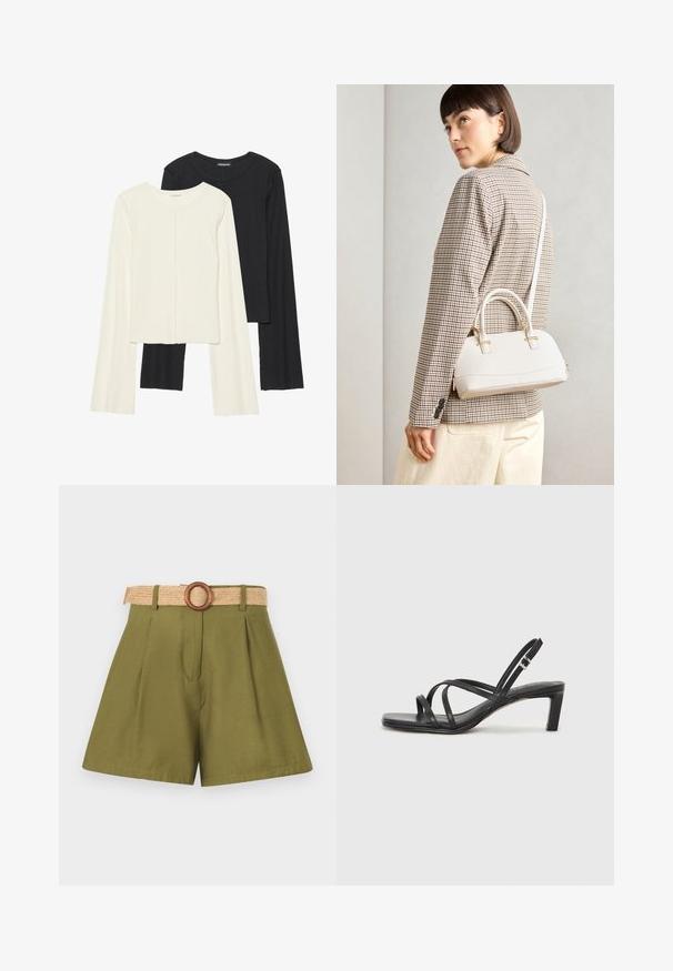 Dviejų ilgomis rankovėmis marškinėlių rinkinys, baltas ir juodas. Raukšlėta tekstūra, apvalus kaklas, prigludusi forma su šiek tiek platėjančiomis rankovėmis.; Alie žalios šortai su klostėmis, su nertiniu šiaudiniu diržu ir mediniu žiedo sagtimi. Lygus tekstūra, pritaikytas dizainas su švariais kontūrais.; Juodi šlepetės su kvadratiniu pirštu ir žemu bloku kulnu. Yra keli ploni dirželiai ir reguliuojamas kulkšnies diržas. Pagaminti iš lygios odos.; Balta struktūruota rankinė su trumpomis rankenomis ir peties diržu, su auksinėmis detalėmis ir tekstūruota medžiaga, pastatyta prieš pilką foną.