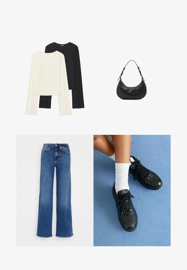 Conjunto de dos camisetas de manga larga en blanco y negro. Textura acanalada, cuello redondo, diseño ajustado con mangas ligeramente acampanadas.; Vaqueros de mezclilla de cintura alta azul medianoche con pierna ancha, cierre de botón y cremallera, y bolsillos delanteros y traseros, sobre un fondo gris claro liso.; Las zapatillas negras de Nike presentan un exterior texturizado, acentos brillantes y cordones redondos. Están acompañadas de calcetines blancos de canalé sobre una superficie azul claro.; Bolso de hombro de cuero negro con forma curva, patrón en relieve y correa ajustable. Superficies suaves y texturizadas con accesorios de hardware plateado.