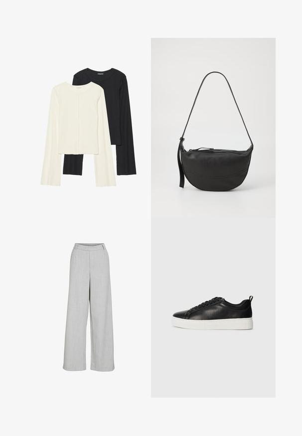 Kaksik Eri pikkusega valge ja musta värvi pikkade varrukatega topsi. Ribikstruktuur, ümar kaelus, lihav disain, veidi laienevate varrukatega.; Heledad hallhallasteks, mis on valmistatud tekstuuritud kangast, tasase eespuuga, vöökohaga ja puhta, kohandatud ilmega.; Mustad mustad nahast tossud mustade paeltega ja valge paksu kummitaldaga, vaadatuna välimisest küljest valgel taustal.; Mustvalge nahast õlavarre kott kumerate joontega, ühe rihmaga, lukuga sulgemine ja peene õmbluse detailid keha ääres.