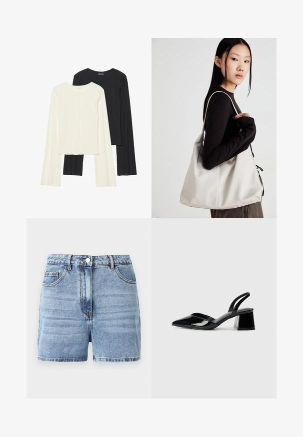 Nabor dveh dolgih rokavov v beli in črni barvi. Žameten vzorec, okrogla ovratnica, prilegajoča zasnova z rahlo razširjenimi rokavi.; Svetlo modri jeans kratki hlače z visokim pasom, sprednjim gumbom in enim sprednjim žepom. Imajo šivane šive in klasičen kroj.; Črne lakirane slingback pete s koničastim nosom in geometrijsko blokasto peto. Imajo eleganten, minimalističen dizajn in gladko teksturo.; Bežna torbica iz mehkega materiala, z ohlapno zasnovo, šivi in dvema naramnicama. Primerna za vsakodnevno uporabo.