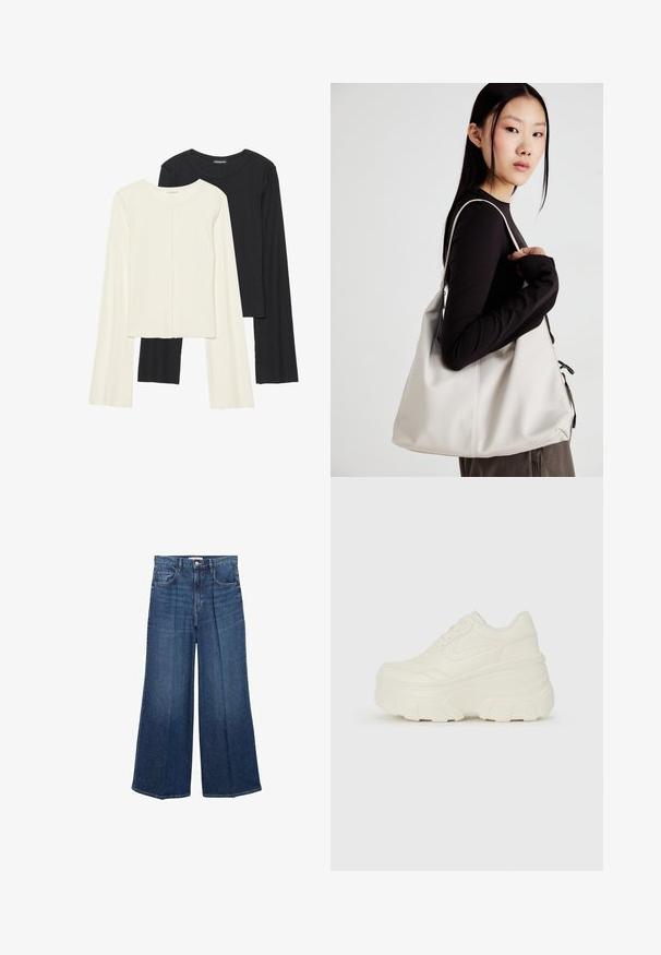 Nabor dveh dolgih rokavov v beli in črni barvi. Žameten vzorec, okrogla ovratnica, prilegajoča zasnova z rahlo razširjenimi rokavi.; Široke jeans hlače iz temno modrega denima, z visokim pasom, zankami za pas in klasičnim pet-pocket dizajnom. Končane s čistim robom.; Bele platformske tene z belim zgornjim delom, ki spominja na usnje, okroglo obliko, oblazinjen ovratnik ter gumo z teksturo na podplatu z izrazitimi profili.; Bežna torbica iz mehkega materiala, z ohlapno zasnovo, šivi in dvema naramnicama. Primerna za vsakodnevno uporabo.