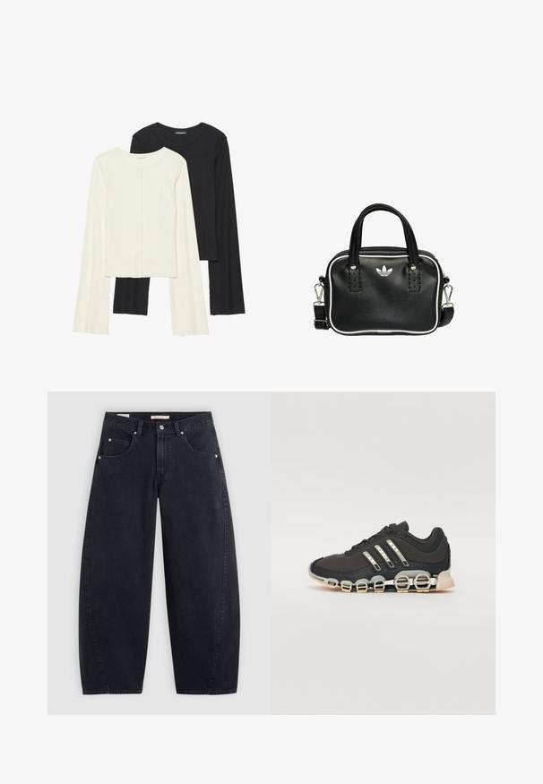 Set od dvije duge majice s dugim rukavima u bijeloj i crnoj boji. Rebrasta tekstura, okrugli izrez, uski kroj s blago raširenim rukavima.; Crne traperice širokih nogavica s visokim strukom, dva prednja džepa i srebrnim detaljima. Glatka tekstura, minimalni detalji šavova i ravni kroj.; Crne atletske tenisice s teksturiranim gornjim dijelom, tri srebrne pruge i posebnim potplatom s višestrukim integriranim sekcijama.; Crna kožna torba s dva kratka ručka, srebrnim detaljima, bijelim naglascima i bijelim logotipom. Ima teksturiranu površinu i kompaktni dizajn.