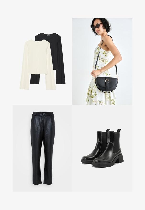 Divu garo piedurkņu tops komplekts baltā un melnā krāsā. Ribota tekstūra, apaļš kakls, pieguļoša dizaina ar nedaudz izplestām piedurknēm.; Melnas ādas bikses ar gludu tekstūru, sašaurināta kāju dizains, elastīgs jostasvieta un priekšējās šuves detaļas. Piemērotas ikdienas vai svinīgai valkāšanai.; Melni ādas Čelsijas zābaki ar masīvu papēdi, elastīgām sānu panelēm un kontrastējošu balto šuvumu. Teksturēts apdare.; Melnas ādas rokassoma ar izliekta formu, noņemamu siksnu un zelta aksesuāriem. Somai ir vāciņš ar sprādzes detaļu.