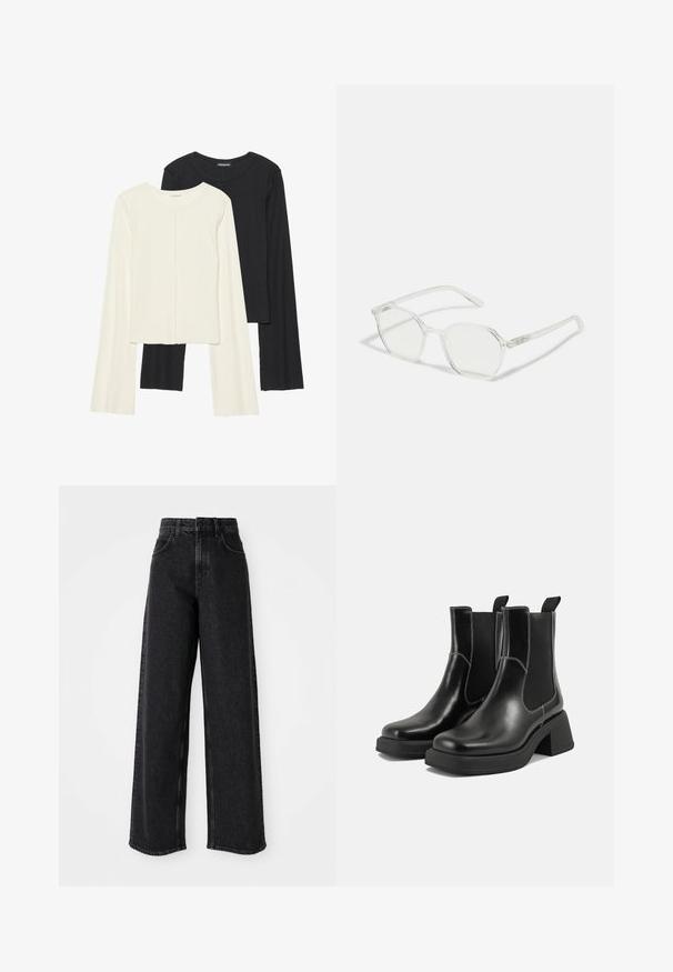 Két darabból álló hosszú ujjú felsők szettje fehér és fekete színben. Bordás textúra, kerek nyakkivágás, testhez simuló fazon, enyhén bővülő ujjakkal.; Fekete, magas derékú, széles szárú farmernadrág, klasszikus öt zsebes dizájnnal és finom varrási részletekkel.; Fekete bőr Chelsea csizmák masszív sarkakkal, rugalmas oldalsó panelekkel és kontrasztos fehér varrással. Texturált felület.; Átlátszó, nyolcszögletű szemüveg tiszta lencsékkel és vékony, átlátszó műanyag keretekkel. Jellemzői közé tartozik a keret élén található diszkrét részletezés.