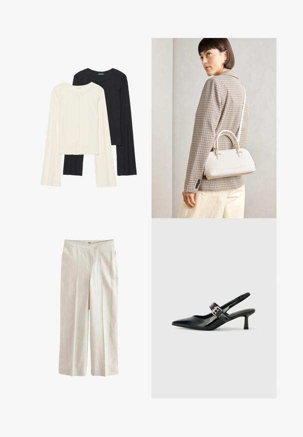 Set di due maglie a maniche lunghe, bianche e nere. Texture a coste, scollo tondo, design aderente con maniche leggermente svasate.; Next ASYMETRIC WAITBAND TAILORED WIDE LEG - Pantaloni - neutral; Décolleté neri in vernice con punta affilata e tacco a blocco piccolo, dotati di un accentuato con fibbia argentata sulla cinturino.; Borsa a mano bianca strutturata con manici corti e tracolla, dotata di dettagli in metallo dorato e materiale testurizzato, esposta su uno sfondo grigio.