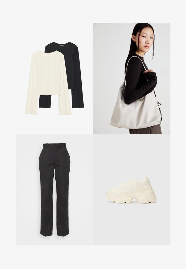 Két darabból álló hosszú ujjú felsők szettje fehér és fekete színben. Bordás textúra, kerek nyakkivágás, testhez simuló fazon, enyhén bővülő ujjakkal.; Fekete nadrág sima textúrával, egyenes lábbal és övvel a derék fölött. Egyszerű, klasszikus sziluettel rendelkezik, extra minták nélkül.; Tömbös fehér sneakers, amely texturált hálóból és szintetikus anyagokból készült, vastag talppal és bonyolult mintázattal az oldalakon.; Puha anyagból készült bézs kézitáska, laza dizájnnal, varrott részletekkel és két vállpánttal. Mindennapi használatra alkalmas.