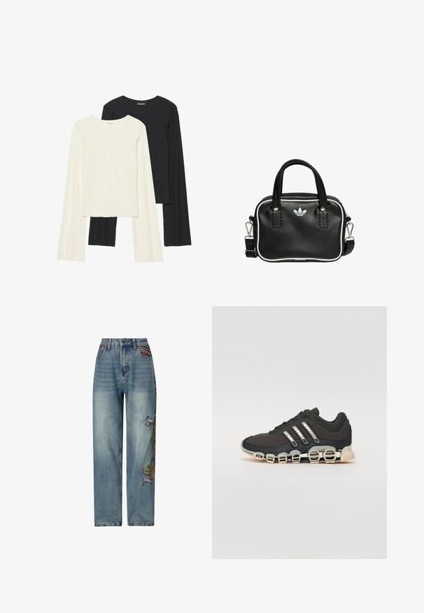 Sæt med to langærmede toppe i hvid og sort. Ribbet tekstur, rund halsudskæring, tætsiddende design med let udvidede ærmer.; Lyseblå denimjeans med lige ben-design, præget af farverige broderede detaljer på venstre side og en traditionel fem-lomme stil.; Sort træningssko med en tekstureret overdel, tre sølvstriber og en karakteristisk støttende sål med flere integrerede sektioner.; Sort læderhandtaske med to korte håndtag, sølvhardware, hvide accenter og et hvidt logo. Har en struktureret overflade og et kompakt design.