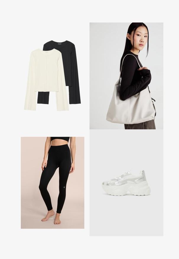 Zestaw dwóch bluzek z długim rękawem w kolorze białym i czarnym. Prążkowana struktura, okrągły dekolt, dopasowany fason z lekko rozszerzanymi rękawami.; Czarne legginsy z żebrowanym paskiem w talii i gładką fakturą. Posiadają małe logo blisko kostki. Dopasowany krój, który sięga do kostek.; Srebrny sneaker z teksturowaną siateczką i irydyscentnymi akcentami, z masywną białą podeszwą i sznurowanym zapięciem.; Beżowa torebka wykonana z miękkiego materiału, charakteryzująca się luźnym fasonem, wyszywanymi detalami i dwoma uchwytami na ramię. Idealna na co dzień.