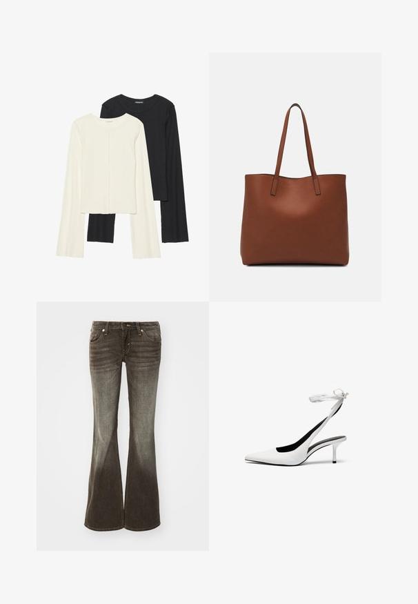 Divu garo piedurkņu tops komplekts baltā un melnā krāsā. Ribota tekstūra, apaļš kakls, pieguļoša dizaina ar nedaudz izplestām piedurknēm.; Izliekti džinsi tumši pelēkā audumā ar izbalējušu apdari. Iezīmē piecas kabatas, priekšējo pogu aizdari un diskrētas vīļu detaļas.; Baltas, ar norādītu pirkstu, ar siksniņu ap potīti. Gluda ādas virsma, plāns stiletto papēdis un melna iekšējā oderējums.; Brūna ādas iepirkumu soma ar gludu tekstūru, atvērta augšdaļa un divas plecu siksnas. Izceļas ar minimālām šuvēm un redzamu aparatūru nav.