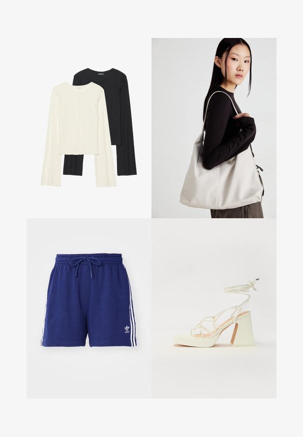 Sett med to langermede topper i hvit og svart. Ribbete tekstur, rund hals, tettsittende design med lett utsvingte ermer.; Marineblå treningsshorts med snøring i livet, med hvite sidestriper og brodert logo nederst til venstre. Myk stofftekstur.; Hvit høyhælte sandal med kraftig hæl, med en stroppe-design og ankelbånd. Glatt tekstur med plattform foran for ekstra høyde.; Beige håndveske laget av mykt materiale, med en slapp design, sydd detaljer og to skulderstropper. Passer for daglig bruk.