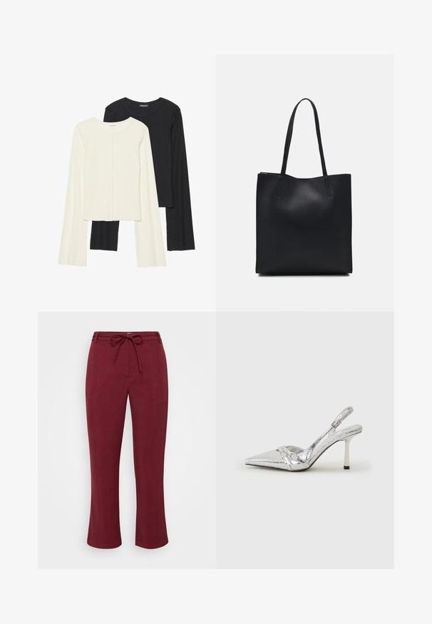 Conjunto de duas blusas de manga longa em branco e preto. Textura canelada, decote redondo, design ajustado com mangas ligeiramente evasê.; Calças bordô feitas de um tecido texturizado, com uma cintura elástica ajustável e um corte reto. Sem bolsos ou hardware visível.; Sapato de salto alto slingback prateado com bico fino, acabamento metálico, duas correias decorativas e um salto esbelto com ponta preta.; Bolsa tote preta em couro com textura lisa, forma retangular e duas alças longas. Sem hardware ou enfeites visíveis.