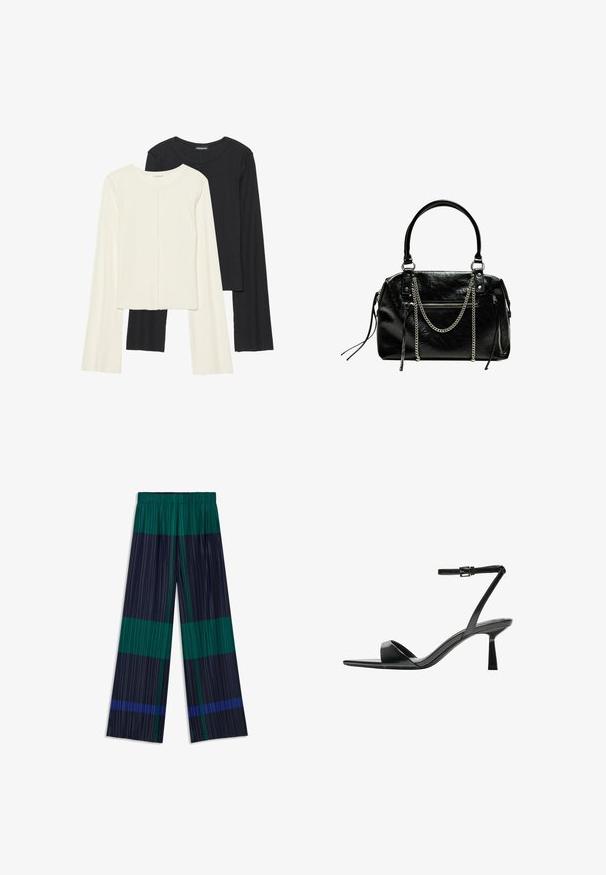 Zestaw dwóch bluzek z długim rękawem w kolorze białym i czarnym. Prążkowana struktura, okrągły dekolt, dopasowany fason z lekko rozszerzanymi rękawami.; Spodnie z szerokimi nogawkami, z pionowymi plisowaniami i wzorem w blok kolorów w zielone, granatowe i niebieskie paski. Elastyczny pasek w talii dla komfortu.; Bershka - Sandały na obcasie; Bershka - Torebka