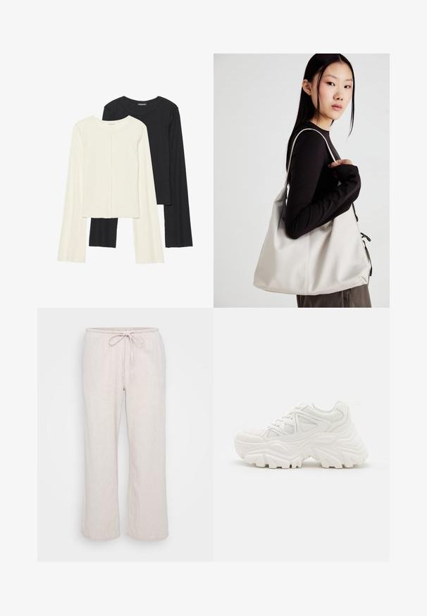 Set of two long-sleeve tops in white and black. Ribbed texture, round neck, fitted design with slightly flared sleeves.; Light beige, lightweight fabric pants with an elastic waistband and drawstring. Loose, wide-leg silhouette with a subtle textured pattern.; White chunky sneakers featuring a textured upper, mesh panels, and thick rubber soles with prominent tread pattern. Laces and pull tab included.; Beige handbag made of soft material, featuring a slouchy design, stitched detailing, and two shoulder straps. Suitable for everyday use.
