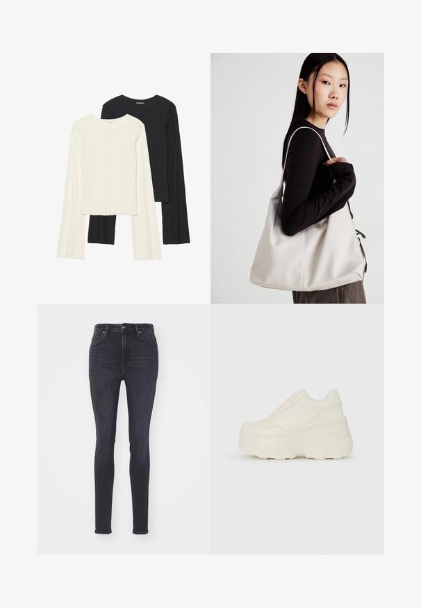 Sett med to langermede topper i hvit og svart. Ribbete tekstur, rund hals, tettsittende design med lett utsvingte ermer.; Tynne jeans i mørk grå denim. Høy midje, fem-lomme design, med glidelås og knappelukking. Glatt tekstur, minimale sømdetaljer.; Hvite plattformsnickers med en glatt læraktig overdel, avrundet form, polstret krage og teksturert gummisåle med tydelige dekk.; Beige håndveske laget av mykt materiale, med en slapp design, sydd detaljer og to skulderstropper. Passer for daglig bruk.