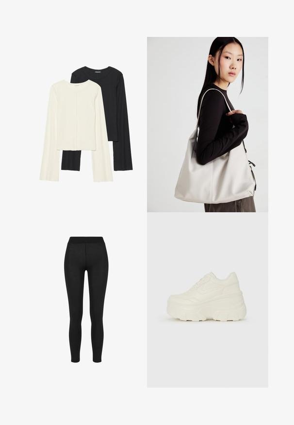 Zestaw dwóch bluzek z długim rękawem w kolorze białym i czarnym. Prążkowana struktura, okrągły dekolt, dopasowany fason z lekko rozszerzanymi rękawami.; Czarne legginsy z gładkiego materiału, z wysokim pasem, dopasowanym krojem i bez widocznych szwów, idealne do codziennego noszenia lub aktywności fizycznej.; Białe sneakersy na platformie z gładkim, skórzano przypominającym wierzchem, zaokrąglonym kształtem, wyściełanym kołnierzem oraz teksturowaną gumową podeszwą z wyraźnym bieżnikiem.; Beżowa torebka wykonana z miękkiego materiału, charakteryzująca się luźnym fasonem, wyszywanymi detalami i dwoma uchwytami na ramię. Idealna na co dzień.