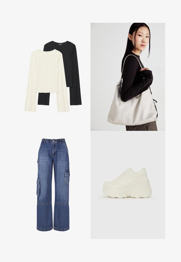 Dviejų ilgomis rankovėmis marškinėlių rinkinys, baltas ir juodas. Raukšlėta tekstūra, apvalus kaklas, prigludusi forma su šiek tiek platėjančiomis rankovėmis.; Platus šoninių džinsų kelnės vidutinio mėlynumo spalvos, su keliais šoniniais kišenėmis, mygtukų užsegimu ir kontrastingais siūlais palei siūles.; Baltos platformos sportbačiai su lygiu odos primenančiu paviršiumi, apvalia forma, paminkštintu apykakle ir tekstūruotu guminiu padu su ryškiais protektoriais.; Bežinė rankinė, pagaminta iš minkštos medžiagos, turinti laisvą dizainą, siuvinėtas detalės ir dvi petnešos. Tinkama kasdieniam naudojimui.