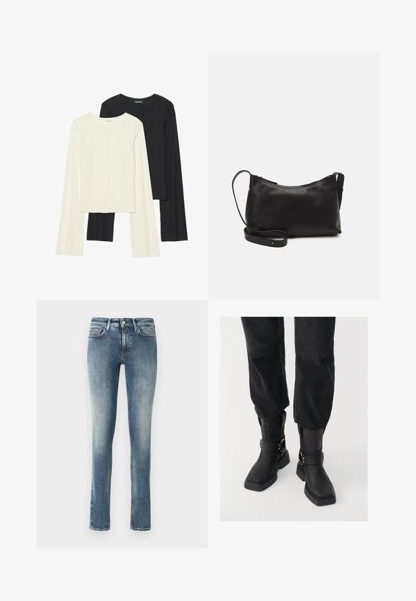 Set od dvije duge majice s dugim rukavima u bijeloj i crnoj boji. Rebrasta tekstura, okrugli izrez, uski kroj s blago raširenim rukavima.; Traperice ravnog kroja u svjetloj do srednje plavoj pranju. Imaju pet džepova, zatvaranje na gumb i blago izbjeljivanje na nogavicama.; Crne kožne čizme do gležnja s квадратnim vrhom, sadrže široku traku i detalj metalne kopče. Čizme imaju debeli đon i glatku teksturu.; Crna kožna torba na rame s glatkom teksturom, zakrivljenim oblikom, podesivim remenom i zatvaranjem na patentni zatvarač. Minimalistički dizajn bez ukrasa.