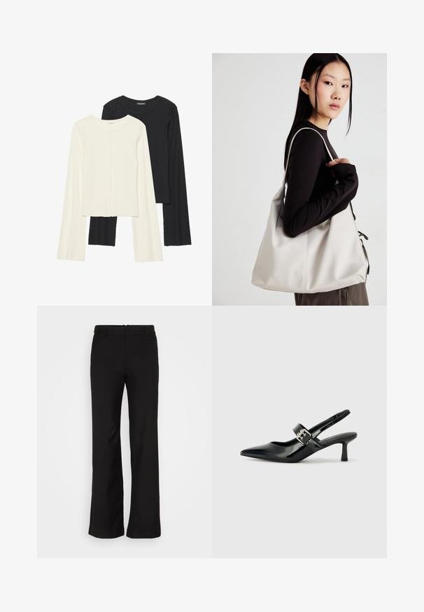 Kaksik Eri pikkusega valge ja musta värvi pikkade varrukatega topsi. Ribikstruktuur, ümar kaelus, lihav disain, veidi laienevate varrukatega.; Weekday EMILY SUITING TROUSER - Püksid - black; Mustad patenteeritud nahast sildiga kontsad, millel on terav nina ja väike plokk-konts, mille rihmal on hõbedane pandla aksessuaar.; Bež käekott pehme materjali, millel on lõtv disain, õmblustega detailid ja kaks õlarihma. Sobib igapäevaseks kasutamiseks.