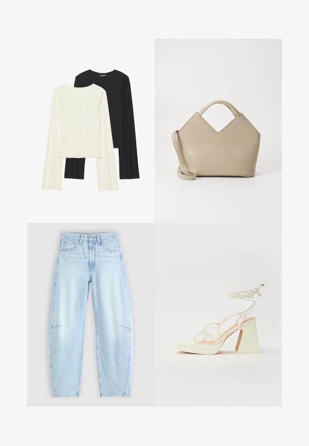 Set of two long-sleeve tops in white and black. Ribbed texture, round neck, fitted design with slightly flared sleeves.; Light blue denim jeans with a relaxed fit, featuring a high waist, five-pocket design, and subtle fading with frayed hem details.; White high-heeled sandal with a chunky heel, featuring a strappy design and ankle tie. Smooth texture with a platform front for added height.; Beige structured handbag with a V-shaped top, smooth leather material, short handles, and a long adjustable strap. Minimalist design.