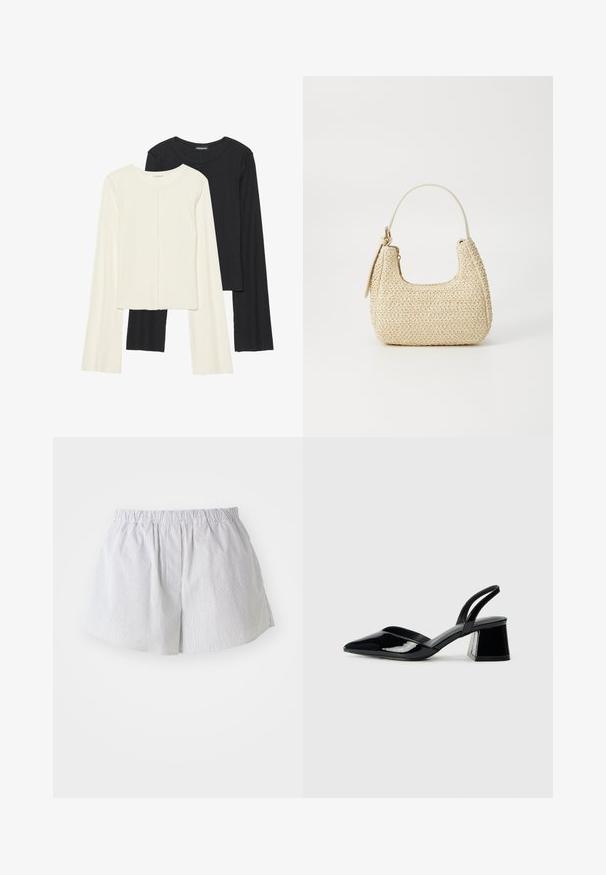 Sett med to langermede topper i hvit og svart. Ribbete tekstur, rund hals, tettsittende design med lett utsvingte ermer.; Stripete shorts i lyseblå og hvit bomull, med elastisk midje og en avslappet passform med sidelommer for bevegelsesfrihet.; Svarte patentlær slingback hæler med spiss tå og geometrisk blokk hæl. Har et stilrent, minimalistisk design og jevn tekstur.; Vevd stråveske i beige med buet form, kort håndtak og glidelås på siden. Har teksturert overflate og minimalistisk design.