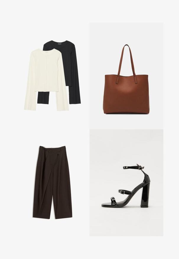 Set di due maglie a maniche lunghe, bianche e nere. Texture a coste, scollo tondo, design aderente con maniche leggermente svasate.; Pantaloni a gamba larga marrone scuro con vita alta, dotati di una chiusura con bottone singolo e una parte anteriore plissettata. Realizzati in tessuto leggero.; Sandali con tacco in vernice nera, con punta squadrata, cinturini alla caviglia e fibbie in argento. Presentano un tacco a blocco spesso per maggiore stabilità.; Borsa tote in pelle marrone con texture liscia, design con apertura superiore e due spallacci. Presenta cuciture minime e nessun hardware visibile.