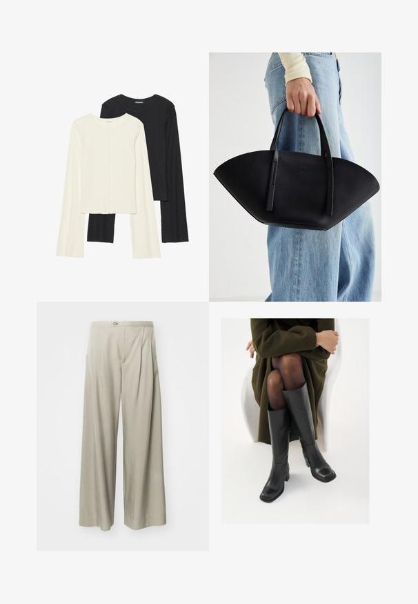 Kaksik Eri pikkusega valge ja musta värvi pikkade varrukatega topsi. Ribikstruktuur, ümar kaelus, lihav disain, veidi laienevate varrukatega.; Heledad hallhalli püksid, mis on valmistatud tekstureeritud kangast, ees voldid ja üks nupulukk vöökoht. ; Knee-high mustad nahast saapad nelinurkse varbaga ja plokilise kontsaga, esitatud mudeli kõrval, kes istub oliivirohelises mantlis. Sujuv tekstuur, minimaalne detailide arv.; Must mustra kott, millel on unikaalne fännikujuline disain, millel on lapikud käepidemed. Pinna tekstuur on kivikujuline ja disain on minimalistlik.