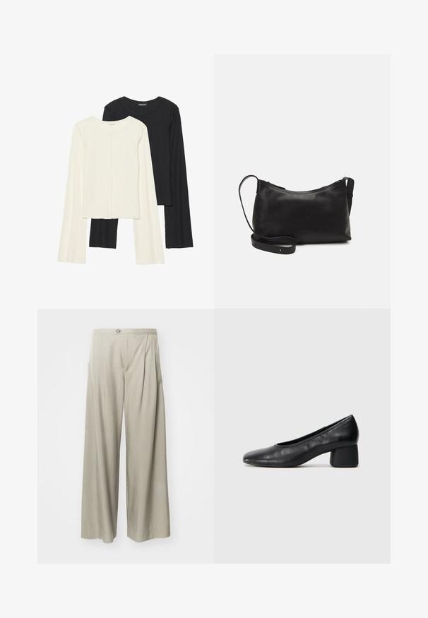 Set de două bluze cu mâneci lungi, una albă și una neagră. Textură ribbată, decolteu rotund, design ajustat cu mâneci ușor evazate.; Pantaloni largi gri deschis, cu un material texturat, pliuri în față și o închidere cu un singur nasture la talie.; Pantofii din piele neagră au un vârf rotund și un toc de tip bloc de înălțime medie. Au o textură netedă, cu detalii minime, având o deschidere elastică subtilă.; Geantă de umăr din piele neagră, cu o textură netedă, formă curbată, curea ajustabilă și închidere cu fermoar. Design minimalist, fără embellishments.
