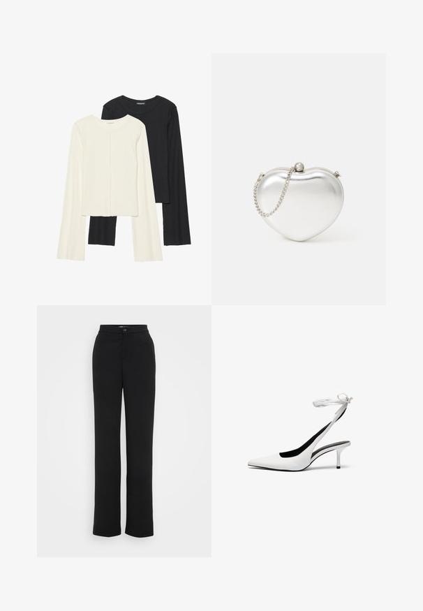 Nabor dveh dolgih rokavov v beli in črni barvi. Žameten vzorec, okrogla ovratnica, prilegajoča zasnova z rahlo razširjenimi rokavi.; Črne hlače ravnega kroja iz lahkega materiala z gumbom in minimalističnim dizajnom, brez vidnih vzorcev ali dodatkov.; Bele stiletto sandale z odprtim nosom in tankim zapenjanjem okoli gležnja. Gladek usnjen material, tanki stiletto pete in črna notranja podloga.; Kovinska srebrna torbica v obliki srca z gladko teksturo, zapiralom na klip, in srebrnim verižnim trakom.