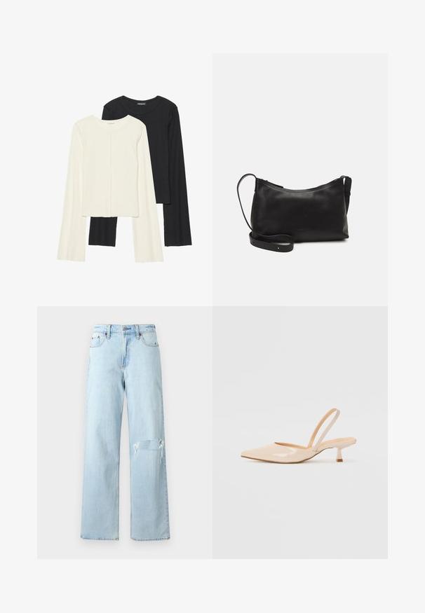 Set di due maglie a maniche lunghe, bianche e nere. Texture a coste, scollo tondo, design aderente con maniche leggermente svasate.; Jeans in denim blu chiaro con vestibilità ampia, caratterizzati da un ginocchio strappato e un classico design a cinque tasche. Tessuto liscio, stile casual.; Décolleté in vernice color beige con punta affusolata e tacco slim a forma quadrata. Texture liscia e design minimalista senza decorazioni.; Borsa a spalla in pelle nera con una texture liscia, forma curva, tracolla regolabile e chiusura con zip. Design minimalista senza ornamenti.