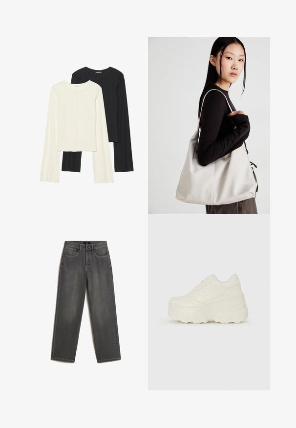 Set of two long-sleeve tops in white and black. Ribbed texture, round neck, fitted design with slightly flared sleeves.; Gray wide-leg jeans made of denim. Features five pockets, a front button and zipper closure, and subtle fading on the fabric.; White platform sneakers featuring a smooth leather-like upper, rounded shape, padded collar, and textured rubber sole with defined treads.; Beige handbag made of soft material, featuring a slouchy design, stitched detailing, and two shoulder straps. Suitable for everyday use.