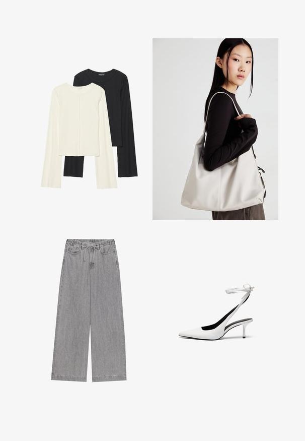 Set de două bluze cu mâneci lungi, una albă și una neagră. Textură ribbată, decolteu rotund, design ajustat cu mâneci ușor evazate.; Pantaloni largi gri din denim, având un talie elastică cu șnur, două buzunare frontale și un design cu picior drept.; Pantofi cu toc slingback albi, cu vârful ascuțit și curea subțire la glezna. Material din piele netedă, toc subțire stil stiletto și căptușeală interioară neagră.; Geantă bej din material moale, cu un design lejer, detalii cusute și două bretele pentru umăr. Potrivită pentru utilizarea zilnică.
