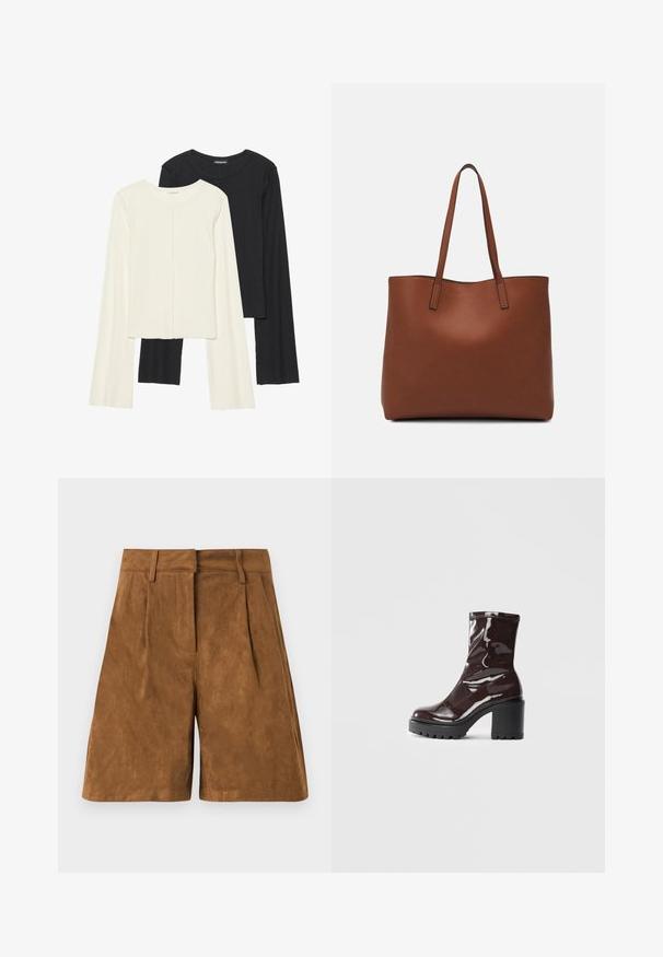 Dviejų ilgomis rankovėmis marškinėlių rinkinys, baltas ir juodas. Raukšlėta tekstūra, apvalus kaklas, prigludusi forma su šiek tiek platėjančiomis rankovėmis.; Rudi zomšos šortai su lygiu paviršiumi, su priekiniais raukiniais, lygia juosta ir tiesia kirpimo forma.; Blizgus burgundių spalvos kulknapis su tankiu juodu kulnu, pasižymintis lygiu paviršiumi ir paprastu dizainu. Nėra matomų užsegimų ar raštų.; Ruda odinė priekabų krepšys su glotnia tekstūra, atviru viršumi ir dviem petnešomis. Su minimalia siuvimo detalėmis ir nematoma aparatūra.