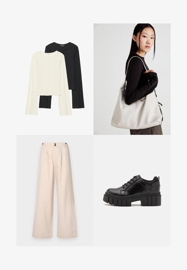 Set of two long-sleeve tops in white and black. Ribbed texture, round neck, fitted design with slightly flared sleeves.; Beige wide-leg pants made of cotton, featuring a high waist, two front pleats, and two brown buttons at the waistband.; Black leather platform shoes with a chunky block heel, round toe, and traditional lace-up design. Features smooth texture and minimal detailing.; Beige handbag made of soft material, featuring a slouchy design, stitched detailing, and two shoulder straps. Suitable for everyday use.