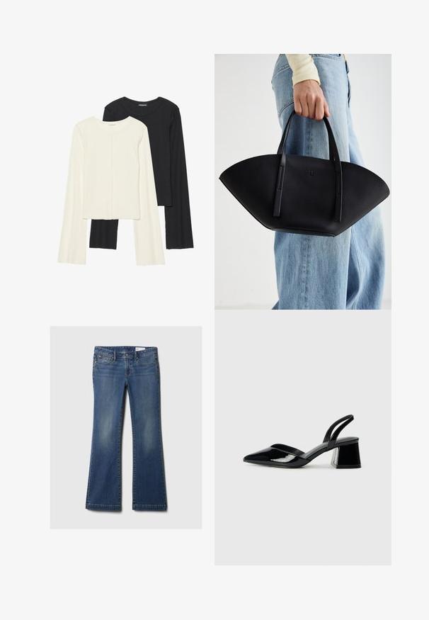Két darabból álló hosszú ujjú felsők szettje fehér és fekete színben. Bordás textúra, kerek nyakkivágás, testhez simuló fazon, enyhén bővülő ujjakkal.; Kék farmer, harang szabású nadrág öt zsebbel, réz szegecsekkel, finom kopással és klasszikus derékpánt designnal. Egyenes szabású szegély az alján.; Fekete lakk bőr szandálkés magas sarkú cipő, hegyes orral és geometrikus tömbsarkakkal. Karcsú, minimalista dizájn és sima textúra jellemzi.; Fekete bőr kézitáska egyedi legyezőformával, lapos füllel. A felülete kőriszerű textúrájú és minimalista dizájnnal rendelkezik.