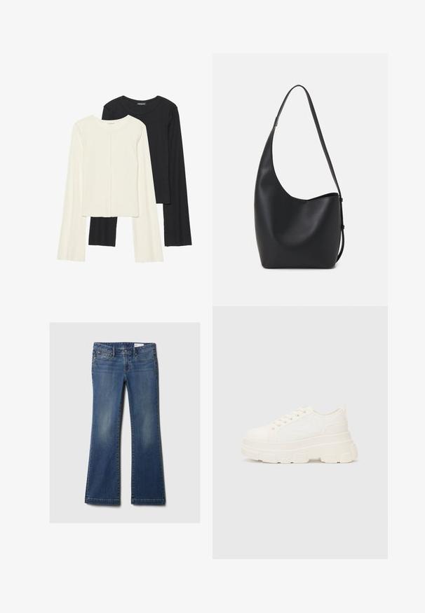 Divu garo piedurkņu tops komplekts baltā un melnā krāsā. Ribota tekstūra, apaļš kakls, pieguļoša dizaina ar nedaudz izplestām piedurknēm.; Zili džinsi ar piecām kabatām, varšrīvēšana, viegla izbalēšana un klasiskā jostas dizains. Tieši griezums apakšā.; Baltas kavu tenisa apavi ar masīvu zoli, apaļu purngalu un piecām acīm auklām. Aizmugures cilpa vieglai uzvilkšanai. Gluda tekstūra, minimāls dizains.; Melnas ādas hobo soma ar gludu tekstūru, izliekta forma un vienu regulējamu jostu; augšā ir plaša atvere.