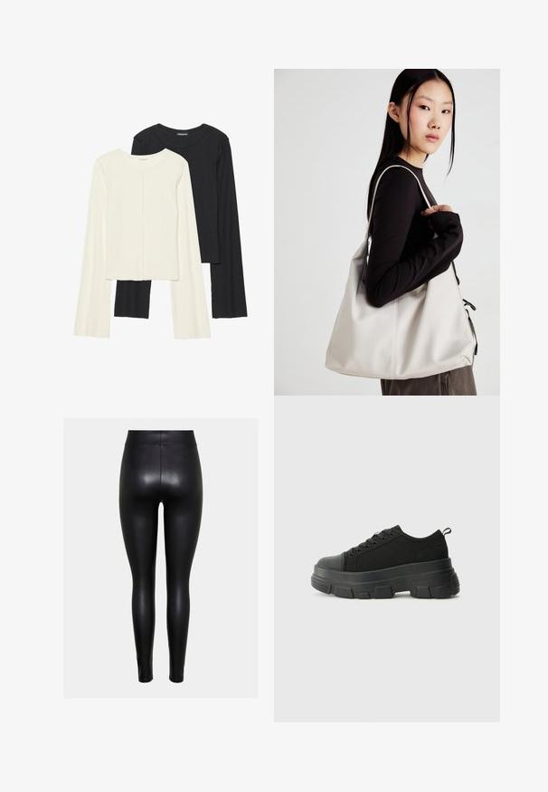Conjunto de duas blusas de manga longa em branco e preto. Textura canelada, decote redondo, design ajustado com mangas ligeiramente evasê.; Leggings pretos feitos de um material brilhante e elástico, com uma cintura alta e um design ajustado, textura suave sem costuras visíveis.; Sneakers pretos com sola de borracha robusta, parte superior de tecido texturizado, bico redondo e design de atacadores. Apresenta ilhós reforçados e uma alça na parte posterior.; Uma bolsa bege feita de material macio, com um design descontraído, detalhes de costura e duas alças para o ombro. Adequada para uso diário.