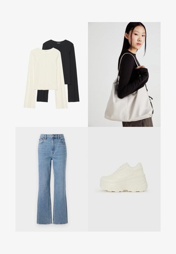 Souprava dvou dlouhých rukávů v bílé a černé barvě. Hladká textura, kulatý výstřih, upnutý střih s mírně rozšířenými rukávy.; Abercrombie & Fitch FRONT TO BACK TONAL STRAIGHT - Džíny Relaxed Fit - blue denim; Bílé platformové tenisky s hladkým svrškem podobným kůži, zaobleným tvarem, polstrovaným límcem a texturovanou gumovou podrážkou s vyznačenými vzory.; Beige kabelka vyrobená z měkkého materiálu, s volným designem, prošívanými detaily a dvěma ramenními popruhy. Vhodná pro každodenní použití.