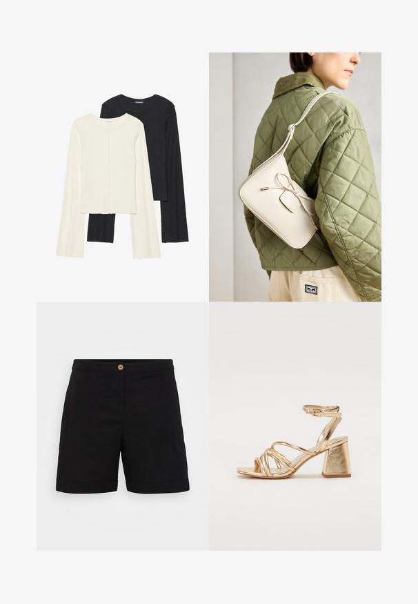 Dviejų ilgomis rankovėmis marškinėlių rinkinys, baltas ir juodas. Raukšlėta tekstūra, apvalus kaklas, prigludusi forma su šiek tiek platėjančiomis rankovėmis.; Juodi lininiai šortai su gležna dizaino linija, su vienu mediniu mygtuku liemens srityje ir suktomis apačiomis. Lygus paviršius su šoninėmis kišenėmis.; Auksinės metalinės kulniuko šlepetės su juostelėmis, kvadratiniu blokiniu kulnu ir reguliuojamu kulkšnies dirželiu su sagtimi. Lygi tekstūra.; Bežinė odinė per petį nešama rankinė su kaspino detalėmis, auksinėmis detalėmis ir viena reguliuojama petneša, dėvima ant žalios siuvinėtos striukės.