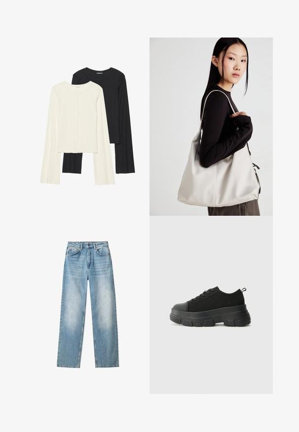 Conjunto de dos camisetas de manga larga en blanco y negro. Textura acanalada, cuello redondo, diseño ajustado con mangas ligeramente acampanadas.; Jeans de mezclilla azul claro con un diseño de pierna recta, cintura alta, cinco bolsillos y detalles de desgastado sutil. Cierre clásico con botón de metal y cremallera.; Zapatillas negras con suela de goma gruesa, parte superior de tela texturizada, punta redonda y diseño con cordones. Presenta ojales reforzados y tirador en la parte trasera.; Bolso de mano beige hecho de material suave, con un diseño holgado, detalles cosidos y dos asas. Adecuado para uso diario.