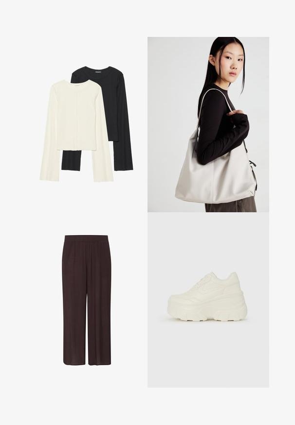Set od dvije duge majice s dugim rukavima u bijeloj i crnoj boji. Rebrasta tekstura, okrugli izrez, uski kroj s blago raširenim rukavima.; Tamno smeđi hlače širokih nogavica s teksturiranim materijalom, elastičnom sredinom struka i opuštenim siluetom bez vidljivih uzoraka ili akcenta.; Bijele platformske tenisice s glatkim gornjim dijelom koji nalikuje koži, zaobljenim oblikom, podstavljenim okvirom i teksturiranim gumeni potplat s definiranom profilacijom.; Bežna torba od mekog materijala s opuštenim dizajnom, šivanim detaljima i dva remena za rame. Pogodna za svakodnevnu upotrebu.