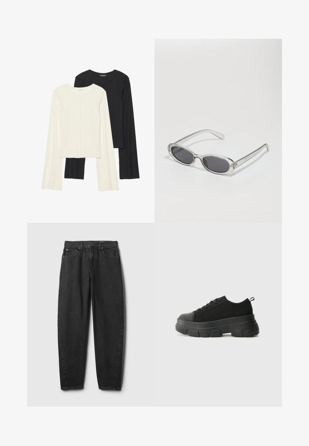 Kaksik Eri pikkusega valge ja musta värvi pikkade varrukatega topsi. Ribikstruktuur, ümar kaelus, lihav disain, veidi laienevate varrukatega.; Mustad teksapükstid sirgete säärtega, viie tasku, nööpidega sulgumise ja minimaalsete õmbluste detailidega. Klassikaline disain ja tekstuur.; Mustad mustad mustikad, millel on tugev kummist põhi, tekstuuriga kangast pealis, ümar varvas ja seotud disain. Omab tugevdatud silmuseid ja tagumist tõmbeotsta.; Ovaalsed prillid, millel on selge plastraam, tumehallid läätsed ja õhukesed läbipaistvad sangad, kus on logode aktsendid ja minimaalne detailirohkus.