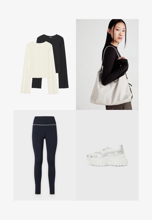 Set of two long-sleeve tops in white and black. Ribbed texture, round neck, fitted design with slightly flared sleeves.; Navy fitted leggings made of stretchy fabric, featuring a wide waistband with a reflective trim along the top for visibility.; Silver sneaker with a textured mesh upper and iridescent accents, featuring a chunky white sole and lace-up closure.; Beige handbag made of soft material, featuring a slouchy design, stitched detailing, and two shoulder straps. Suitable for everyday use.