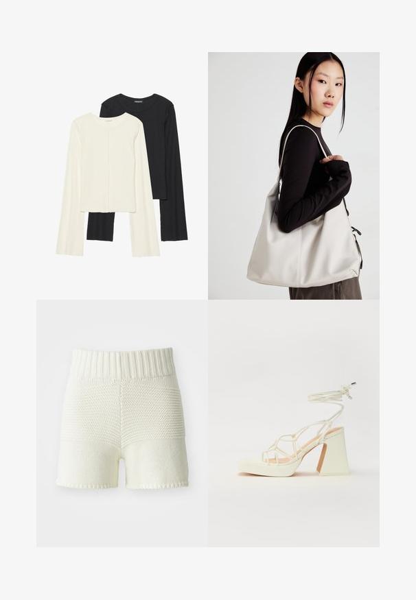 Set of two long-sleeve tops in white and black. Ribbed texture, round neck, fitted design with slightly flared sleeves.; Knit shorts in off-white with a ribbed waistband, featuring a texture contrast between the top and bottom sections, hemmed edges.; White high-heeled sandal with a chunky heel, featuring a strappy design and ankle tie. Smooth texture with a platform front for added height.; Beige handbag made of soft material, featuring a slouchy design, stitched detailing, and two shoulder straps. Suitable for everyday use.