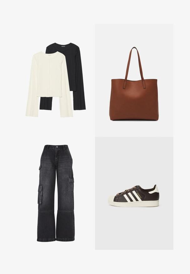 Conjunto de duas blusas de manga longa em branco e preto. Textura canelada, decote redondo, design ajustado com mangas ligeiramente evasê.; Calças de carga pretas em denim, com pernas largas, múltiplos bolsos laterais e uma cintura ajustada com fecho de botão frontal.; Sapatilha Adidas Superstar de cano baixo em pele castanho escuro com biqueira de concha creme, riscas brancas e texto "Superstar" do lado.; Bolsa tote de couro castanho com uma textura suave, design de abertura superior e duas alças para o ombro. Apresenta costura mínima e sem hardware visível.