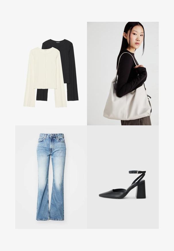 Conjunto de duas blusas de manga longa em branco e preto. Textura canelada, decote redondo, design ajustado com mangas ligeiramente evasê.; Jeans de cintura alta, largas e azuis com um tom desbotado, feitos de ganga. Apresentam um design de cinco bolsos e costura visível ao longo das bordas.; Sandal com biqueira afilada em couro preto, com cinta no tornozelo e salto grosso. Textura lisa, design elegante e estética minimalista.; Uma bolsa bege feita de material macio, com um design descontraído, detalhes de costura e duas alças para o ombro. Adequada para uso diário.